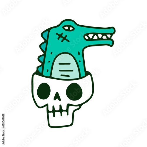Crocodile and skull head, illustration for t-shirt, sticker, or apparel merchandise. With doodle, retro, and cartoon style.