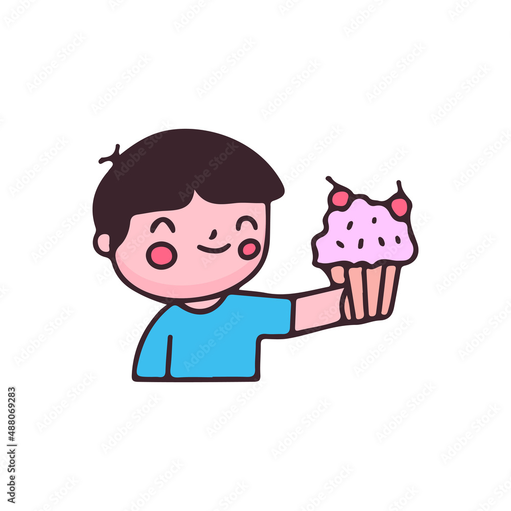 Kawaii baby boy with cup cake. Perfect Nursery children, kids, greeting. Kawaii baby boy with cup cake. Perfect Nursery children, kids, greeting.