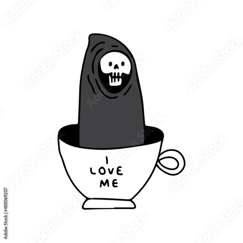 Grim reaper skull in cup of coffee, illustration for t-shirt, sticker, or apparel merchandise. With retro and cartoon style.