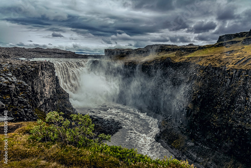 Dettifoss, a waterfall in Vatnajokull National Park in Northeast Iceland, the most powerful waterfall in Europe.