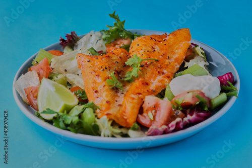 Chilly basa fillet with mixed salad ,garnished with a lime wedge and mayonnaise. photo
