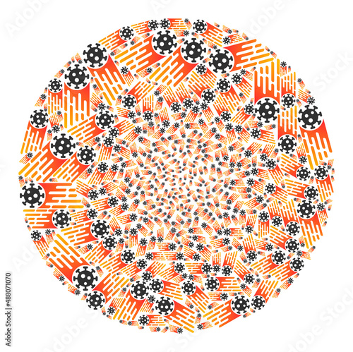 Rush virus items are composed into spheric group. Rush virus icon round collage. Abstraction round bubble collage combined from rush virus items.