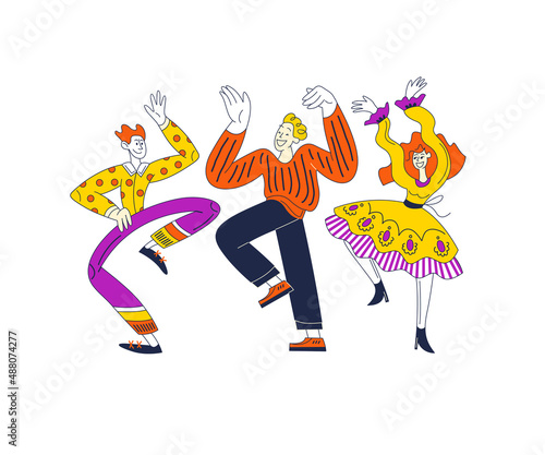 Fototapeta Naklejka Na Ścianę i Meble -  Dancing people at a party. Fun Cartoon simple flat hand drawn style
