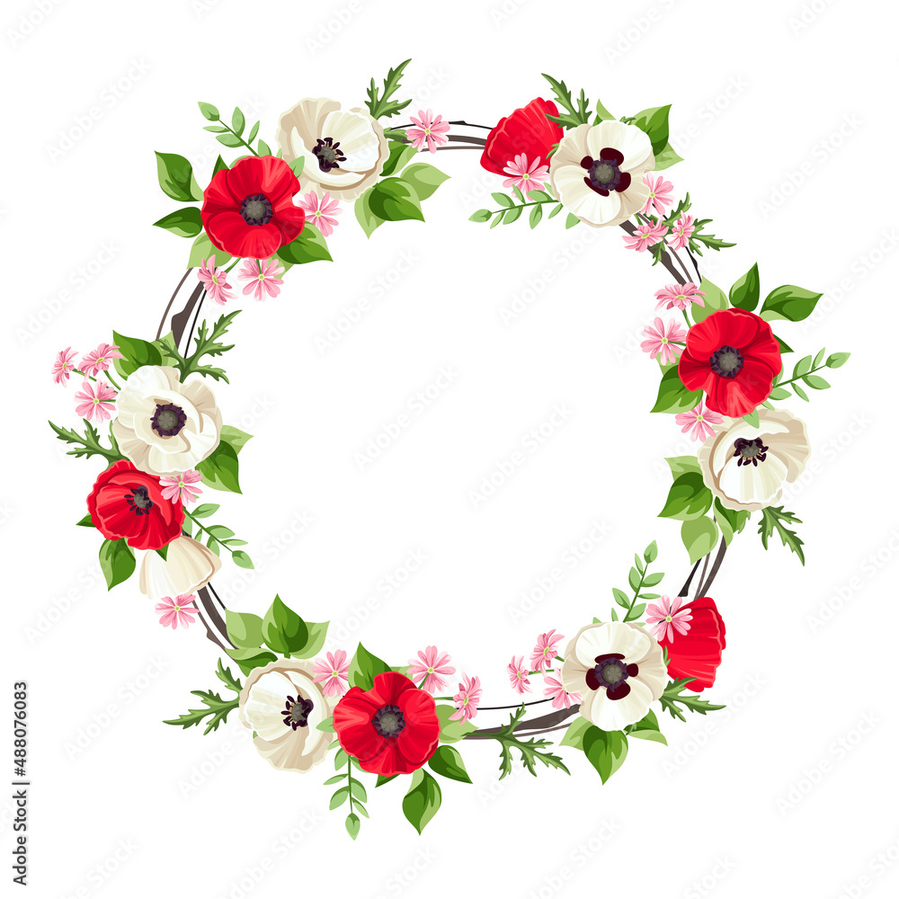 Vector floral wreath with red and white poppy flowers, small pink flowers, and green leaves. Floral circle frame. Greeting or invitation card design Vector floral wreath with red and white poppy flowers, small pink flowers, and green leaves. Floral circle frame. Greeting or invitation card design