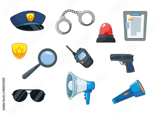 A set of police or sheriff items. Police Clipart - Cap, pistol, handcuffs, walkie-talkie, siren and more. Vector illustration of law enforcement items in a cartoon childish style. Isolated art