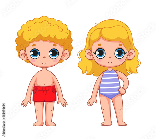 Cute blonde girl in a bathing suit and a boy. Set of children in beach clothes. Children's illustration of blond child. Vector illustration in cartoon childish style. Isolated funny character clipart
