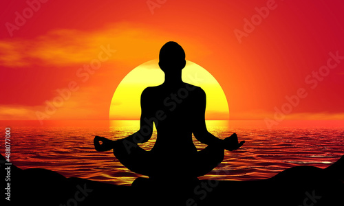 Yoga Meditation Zen female Silhouette Sunset Beach Sunrise landscape illustration © SunFrot