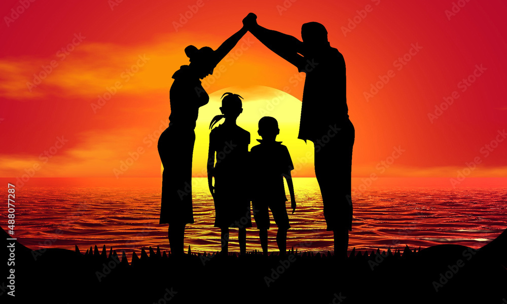 Family Father mother protection Silhouette Sunset Beach Sunrise landscape illustration