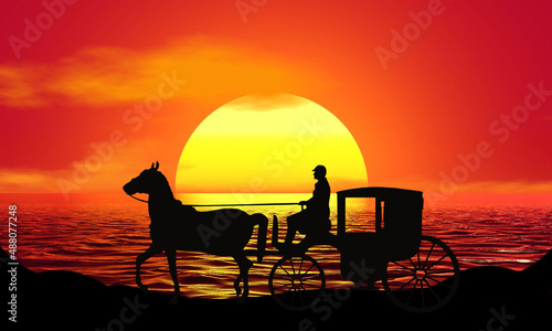 Horse Cart Silhouette Sunset Beach Sunrise landscape illustration