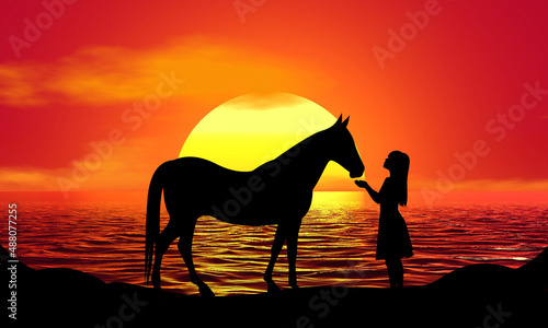 Horse Girl woman Silhouette Sunset Beach Sunrise landscape illustration