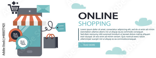 On line shopping and payment Methods. Mobile payments. Pay per click and online order. Flat vector illustration. Website banner	