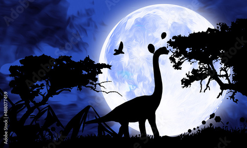 Dinosaur Dino T rex Silhouette under full Moon at night illustration