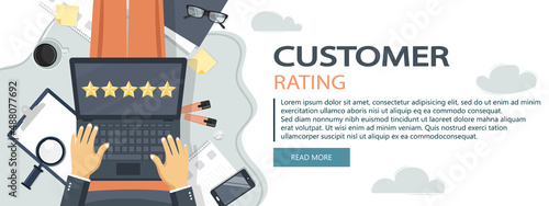 Concept of feedback, testimonials messages and notifications. Rating on customer service illustration. Five big stars with reviewer. Flat vector