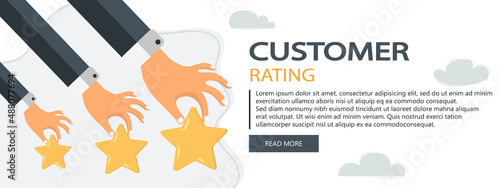 Concept of feedback, testimonials messages and notifications. Rating on customer service illustration. Five big stars with reviewer. Flat vector