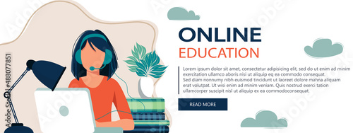 Concept illustration of online courses, distance studying, self education, digital library. E-learning banner. Online education. Vector illustration in flat style. Website banner