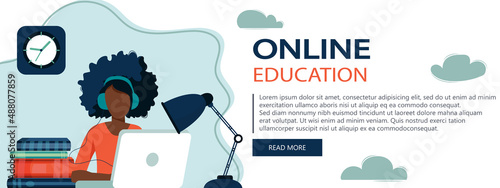 Concept illustration of online courses, distance studying, self education, digital library. E-learning banner. Online education. Vector illustration in flat style. Website banner