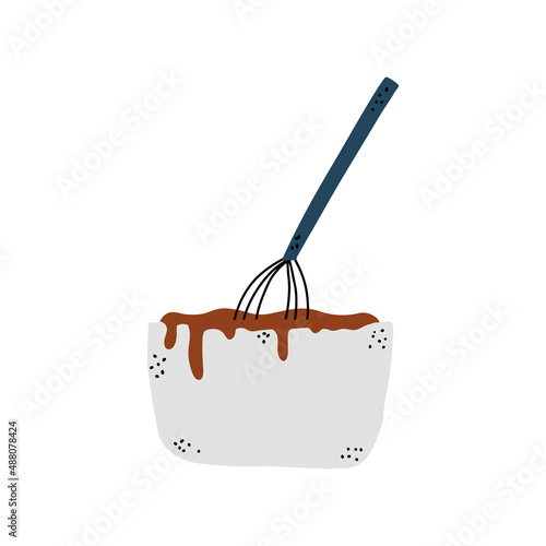 Bowl with hot chocolate and whisk. Vector illustration hand drawn style
