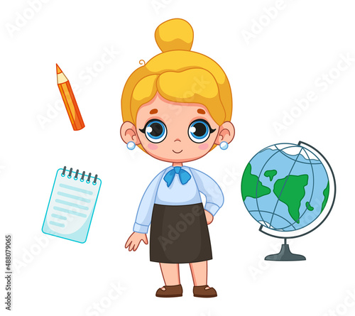 Cute girl dressed as a school teacher and a set of school supplies, a globe, a notepad and a pencil. Profession teacher. Vector illustration of a character in a cartoon style. Isolated clipart.