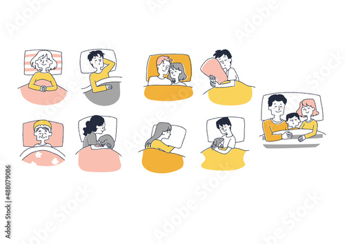 幸せな睡眠をとる人々　コミカルな手書きの人物イラスト　ベクター線画にシンプルな色つけ　白バック
