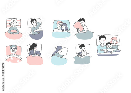幸せな睡眠をとる人々　コミカルな手書きの人物イラスト　ベクター線画にシンプルな色つけ　白バック
