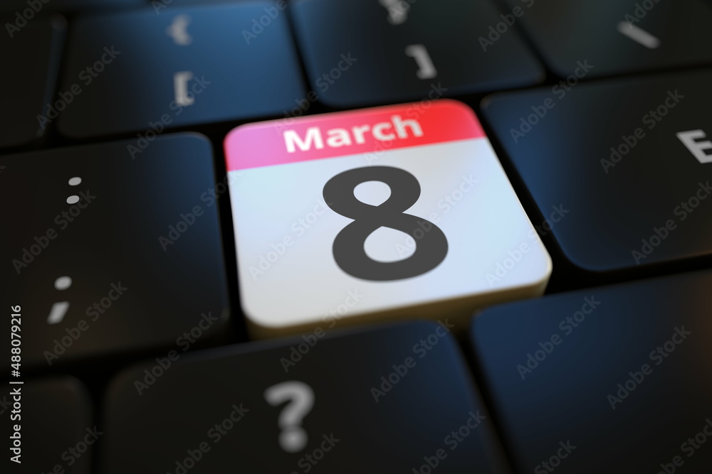 March 8 date on a keyboard key, 3d rendering March 8 date on a keyboard key, 3d rendering
