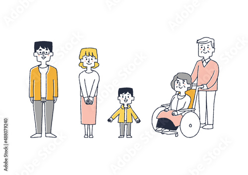 家族のアイコン（バラ）　コミカルな手書きの人物　ベクター、線画にシンプルな色つけ　
