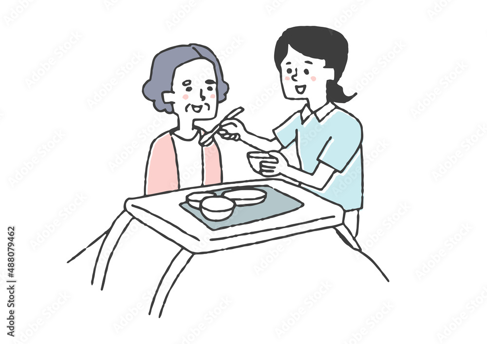 食事の介助をする介護士　コミカルな手書きの人物イラスト　ベクター線画にシンプルな色つけ　白バック
