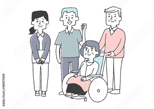 車椅子に乗った高齢女性と家族と介護士　コミカルな手書きの人物イラスト　ベクター線画にシンプルな色つけ
