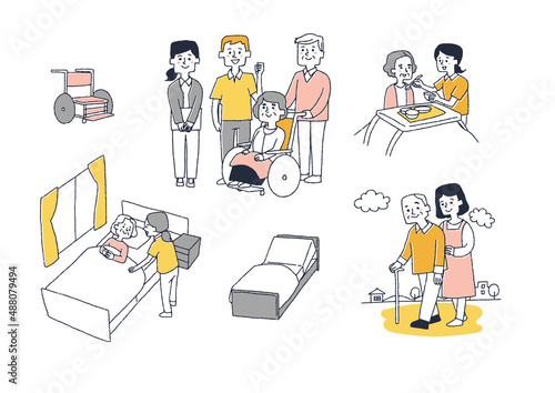 介護に関するイラストセット　コミカルな手書きの人物イラスト　ベクター線画にシンプルな色つけ　白バック
