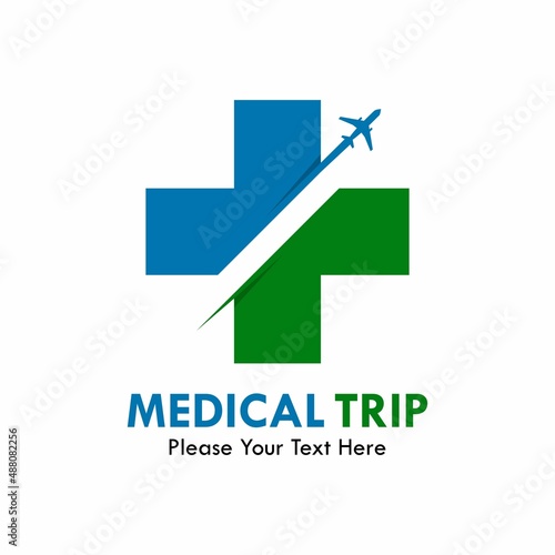 Medical trip logo template illustration. there are cross medical with airplane