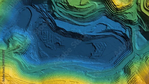Animation of a mine elevation. GIS product made after processing aerial data taken from a drone. It shows excavation site with steep rock walls