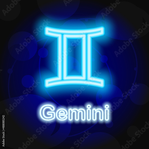 Zodiac gemini sign neon, modern glowing banner design, colorful modern design trend with space background. Vector illustration.