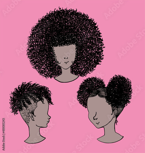 Set of 3 black natural hair styles. Kinky curly hair. Afro. Black women. Pack of three isolated vector illustrations.