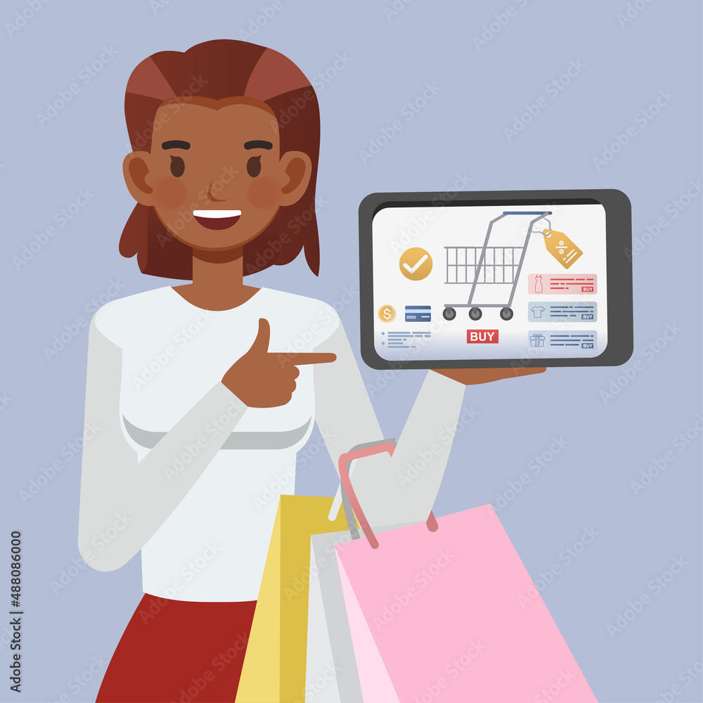 Woman holding tablet and shopping online character vector illustration design. Woman holding tablet and shopping online character vector illustration design.