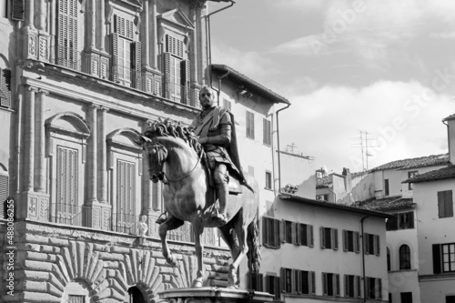 Florence. Italy. March 11, 2019. Monument of Cosimo Medici I is a bronze equestrian statue by Giambologna erected in 1594 in the Piazza della Signoria. Black and white photo. photo