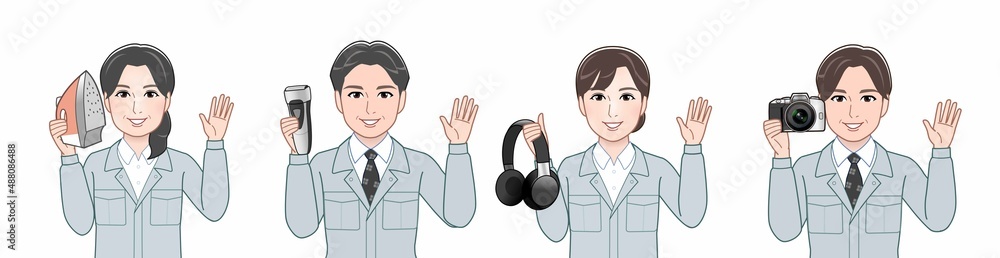 作業着を着た4人 作業着を着た4人