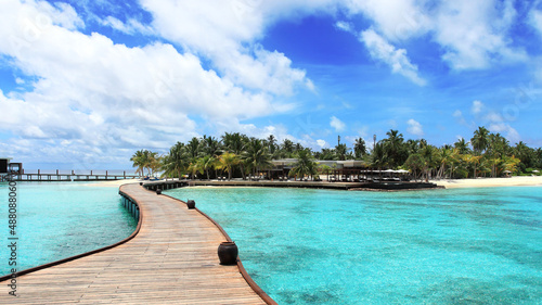 Maldives resort bridge. Water Bungalow  Water Villa