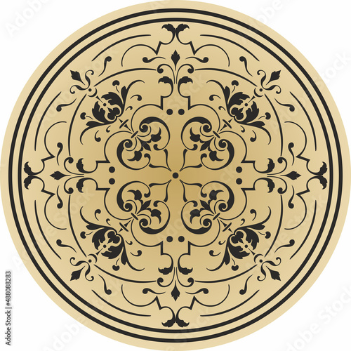 Vector round gold european national floral ornament. Classic pattern in a circle. Painted plate, tray. Ancient Greece, Roman Empire, Renaissance.
