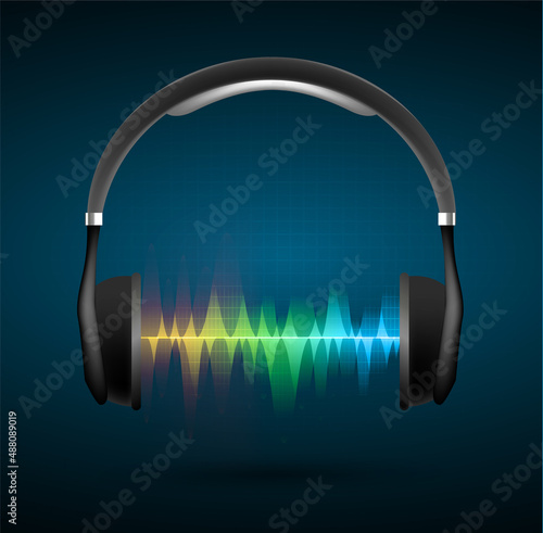Sound waves oscillating dark light. earphone