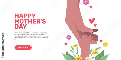 baby hand holding mom hand with love for mother day celebration cute illustration with beauty bloom flower