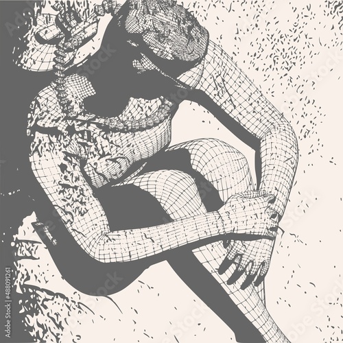 Monochrome silhouette of sitting diver. Mesh grid texture
