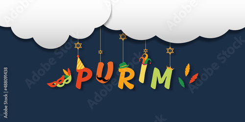 Purim carnival and festival concept. Purim hanging on the air with a white cloud on dark blue background with hat, crown, fancy mask, David star for greeting card, banner, website. Jewish holiday.