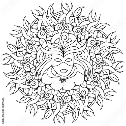 Mardi Gras mandala coloring page for holiday creativity, Masquerade patterned complex mask