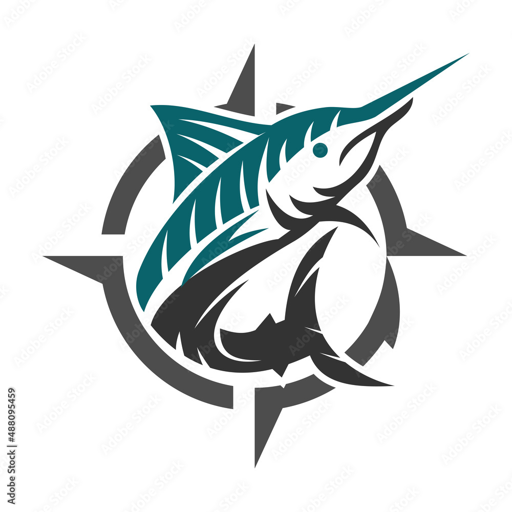 marlin fish with fishing hook compass Icon Illustration Brand Identity marlin fish with fishing hook compass Icon Illustration Brand Identity