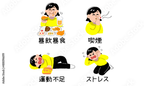 不健康・不摂生な生活をする女性セット