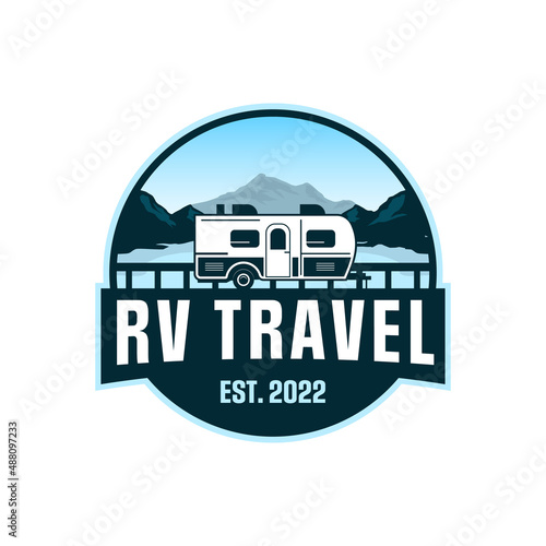 Rv travel logo design badge vintage retro with mountaib and lake road inspiration