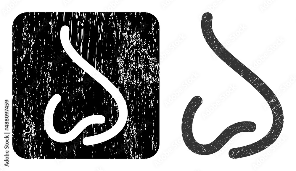 Fototapeta premium Vector human nose carved icon. Grunge human nose seal stamp, done with icon and rounded square. Rounded square stamp seal have human nose carving inside. Vector human nose grunge images.