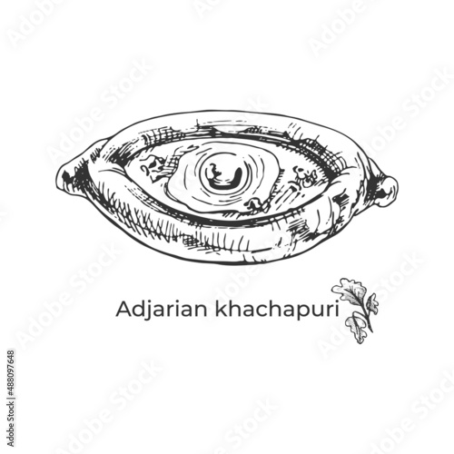 392_Adjarian khachapuri_meat and spices_sketch of traditional georgian cuisine for menu design, hand drawn illustration of khachapuri, adjarian flatbread, spices, cilantro, garlic,