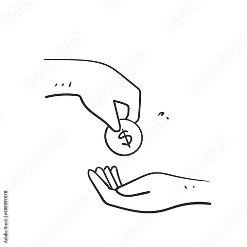 hand drawn doodle hand give and take money coin illustration isolated