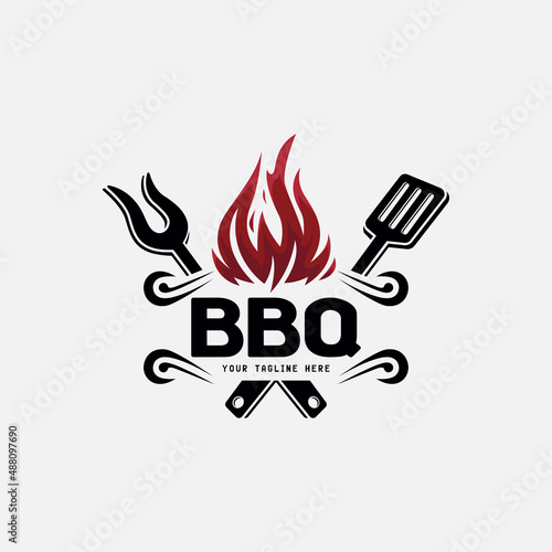 BBQ logo design for barbecue, concept fire flame combining with spatula
